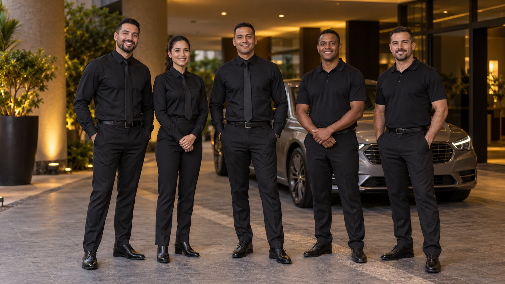 Imagem ilustrativa de cinco profissionais com os uniformes social e casual da FR Valet